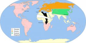Orwell 1984 géopolitique carte blocs oceania eurasia estasia